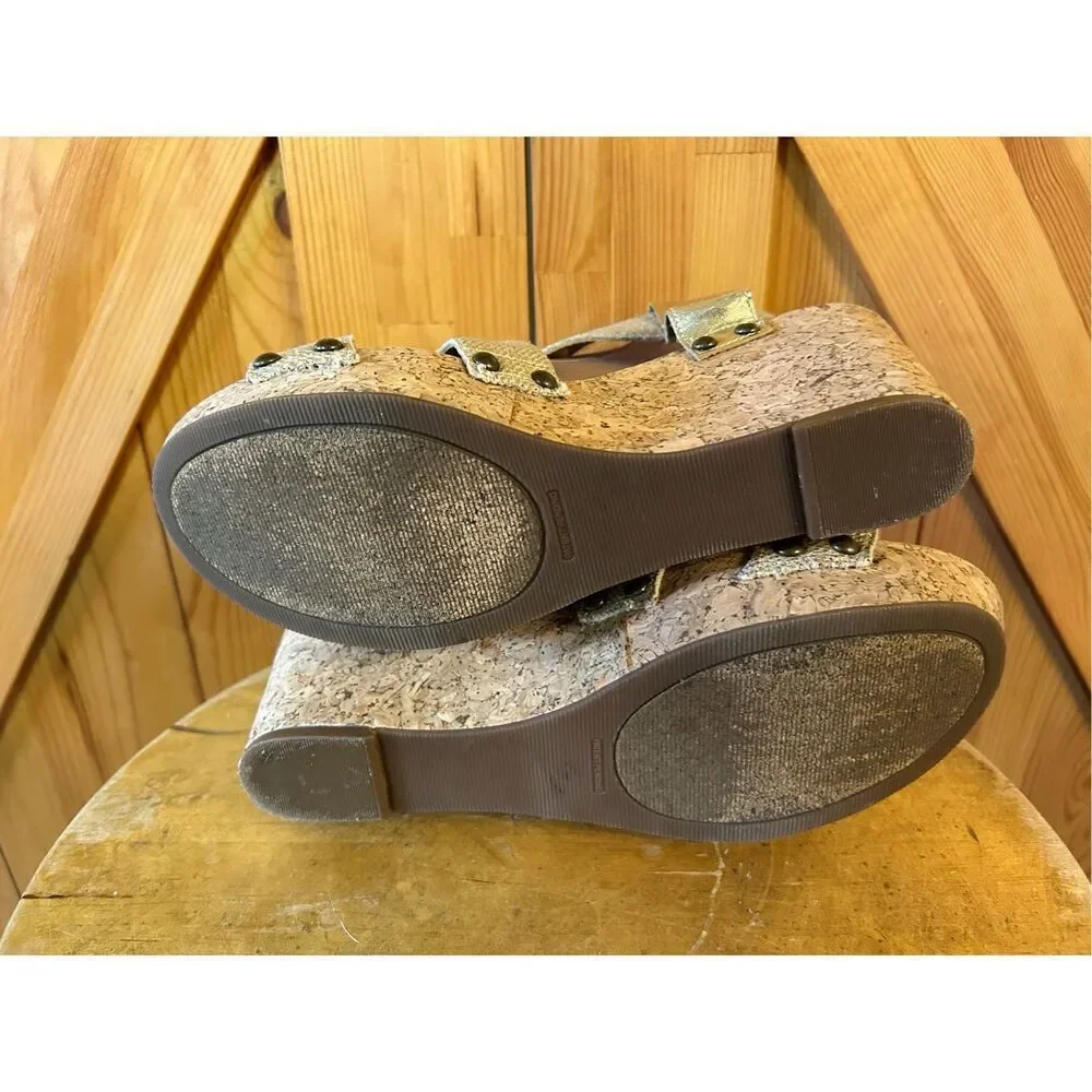 Lucky Brand Sandals Womens 8.5B Marla Cork Wedge Cross Strap Slingback Beige